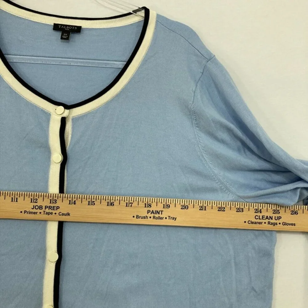 Talbots size‎ 2X Blue White Preppy 3/4 Sleeve Light Stretch Knit Button Cardigan